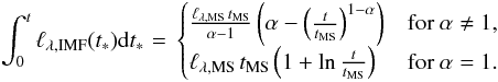 \begin{eqnarray} \int_0^t \ell_{\lambda,\mathrm{IMF}}(t_*) \mathrm{d}t_*\!\!\!\! & =\, \begin{cases} \frac{ \ell_{\lambda,\mathrm{MS}} \, t_{\rm MS}}{\alpha-1} \left(\alpha - \left(\frac{t}{t_{\rm MS}}\right)^{1 - \alpha } \right) & \text{for } \alpha \ne 1, \\ \ell_{\lambda,\mathrm{MS}} \, t_{\rm MS}\left( 1 + \ln \frac{{t}}{t_{\rm MS}}\right) & \text{for } \alpha = 1. \end{cases} \label{eq:asym} \end{eqnarray}