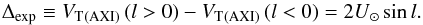 \begin{equation} \label{e_d2} \De\equiv\vt{_{\rm (AXI)}}\,(l>0)-\vt{_{(\rm AXI)}}\,(l<0)= 2\Us\sin l . \end{equation}