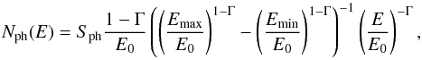 \begin{equation} N_\mathrm{ph}(E) = S_\mathrm{ph} \frac{1-\Gamma}{E_0} \left( \left(\frac{E_\mathrm{max}}{E_0}\right)^{1-\Gamma} - \left(\frac{E_\mathrm{min}}{E_0}\right)^{1-\Gamma} \right)^{-1} \left( \frac{E}{E_0}\right)^{-\Gamma} , \end{equation}