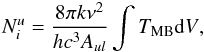 \begin{eqnarray} N_i^{u} = {{8 \pi k \nu^2}\over {h c^3 A_{ul}}}\int{T_{\rm MB} {\rm d}V}, \end{eqnarray}