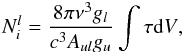 \begin{eqnarray} N_i^{l} = {{8 \pi \nu^3 g_{l}}\over {c^3 A_{ul} g_{u}}}\int{\tau {\rm d}V}, \end{eqnarray}