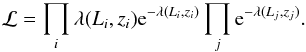 \begin{eqnarray} \mathcal{L} = \prod_i \lambda(L_i,z_i) {\rm e}^{-\lambda(L_i,z_i)} \prod_j {\rm e}^{-\lambda(L_j,z_j)} . \end{eqnarray}