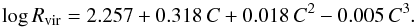 \begin{equation} {\rm log}\,R_{\rm vir}= 2.257+0.318\,C+ 0.018\,C^2- 0.005\,C^3. \end{equation}