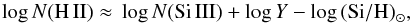 \begin{equation} {\rm log}\,N({\rm H}\,{\rm II})\approx\, {\rm log}\,N({\rm Si}\,{\rm III}) +{\rm log}\,Y-{\rm log}\,{\rm (Si/H)}_{\sun}, \end{equation}
