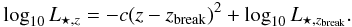 \begin{eqnarray} \log_{10} L_{\star,z} = -c(z-z_{\rm break})^2 + \log_{10} L_{\star,z_{\rm break}}. \end{eqnarray}