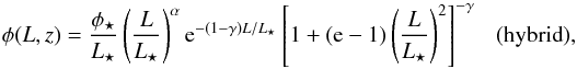 \begin{eqnarray} \phi(L,z) = \frac{\phi_\star}{L_\star} \left( \frac L{L_\star} \right)^\alpha {\rm e}^{-(1-\gamma)L/L_\star} \left[ 1 + (\rme-1)\left(\frac{L}{L_\star}\right)^2 \right]^{-\gamma} ~~~({\rm hybrid}), \label{eq:model1-b.hybrid} \end{eqnarray}