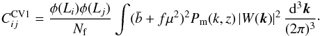 \appendix \setcounter{section}{1} \begin{eqnarray} C^{\rm CV1}_{ij} = \frac{\phi(L_i)\phi(L_j)}{N_{\rm f}}\int (\bar b+f\mu^2)^2 P_{\rm m}(k,z)\,|W({\vec k})|^2\,\frac{\D^3\vec k}{(2\pi)^3}\cdot \label{eq:LSSCov1} \end{eqnarray}