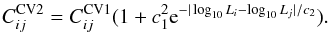 \appendix \setcounter{section}{1} \begin{eqnarray} C^{\rm CV2}_{ij} = C^{\rm CV1}_{ij} ( 1 + c_1^2 {\rm e}^{-|\log_{10} L_i-\log_{10} L_j|/c_2} ). \label{eq:LSSCov2} \end{eqnarray}