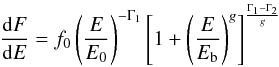 \begin{eqnarray} \frac{{\rm d}F}{{\rm d}E}= f_{0} \left(\frac{E}{E_{0}}\right)^{-\Gamma_{1}}\left[1+ \left( \frac{E}{E_{\rm b}} \right)^{g} \right]^{\frac{\Gamma_{1}-\Gamma_{2}}{g}} \end{eqnarray}