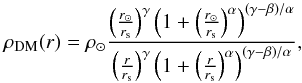\begin{equation} \rho_\mathrm{DM}(r) = \rho_\odot \frac{ \left( \frac{r_\odot}{r_\mathrm{s}}\right)^\gamma \left(1+\left( \frac{r_\odot}{r_\mathrm{s}} \right)^\alpha \right)^{(\gamma-\beta)/\alpha} }{\left( \frac{r}{r_\mathrm{s}}\right)^\gamma \left(1+\left( \frac{r}{r_\mathrm{s}} \right)^\alpha \right)^{(\gamma-\beta)/\alpha}} , \end{equation}
