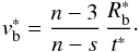 \begin{equation} \label{blast_velocity_envelope_eq} v^{*}_{\rm b} = \frac{n-3}{n-s}\,\frac{R^{*}_{\rm b}}{t^{*}}\cdot \end{equation}