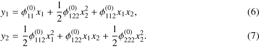 \begin{eqnarray} y_1 &=& \phi_{11}^{(0)}x_{1} + \dfrac12\phi_{122}^{(0)}x_{2}^2 + \phi_{112}^{(0)}x_{1}x_{2}, \label{eq:fold_le1} \\ y_2 &=& \dfrac12\phi_{112}^{(0)}x_{1}^2 + \phi_{122}^{(0)}x_{1}x_{2} + \dfrac12\phi_{222}^{(0)}x_{2}^2. \label{eq:fold_le2} \end{eqnarray}