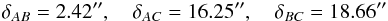 \begin{equation} \delta_{AB} = 2.42'' ,\quad \delta_{AC} = 16.25'' ,\quad \delta_{BC} = 18.66'' \label{eq:J1149_distances} \end{equation}