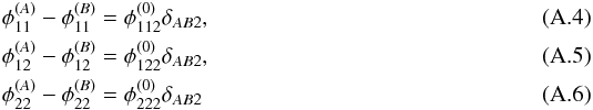 \appendix \setcounter{section}{1} \begin{eqnarray} \phi_{11}^{(A)} - \phi_{11}^{(B)} &= \phi_{112}^{(0)}\delta_{AB2} , \\ \phi_{12}^{(A)} - \phi_{12}^{(B)} &= \phi_{122}^{(0)}\delta_{AB2} , \\ \phi_{22}^{(A)} - \phi_{22}^{(B)} &= \phi_{222}^{(0)}\delta_{AB2} \end{eqnarray}