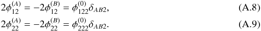 \appendix \setcounter{section}{1} \begin{eqnarray} 2\phi_{12}^{(A)} &= - 2\phi_{12}^{(B)} = \phi_{122}^{(0)}\delta_{AB2} , \label{eq:fold_extended_le1}\\ 2\phi_{22}^{(A)} &= - 2\phi_{22}^{(B)} = \phi_{222}^{(0)}\delta_{AB2} . \label{eq:fold_extended_le2} \end{eqnarray}