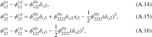 \appendix \setcounter{section}{1} \begin{eqnarray} \phi_{12}^{(i)} - \phi_{12}^{(j)} &= \phi_{122}^{(0)}\delta_{ij2} , \\ \phi_{22}^{(i)} - \phi_{22}^{(j)} &= \phi_{122}^{(0)}\delta_{ij1} + \phi_{2222}^{(0)}\delta_{ij2}x_{i2} - \dfrac12 \phi_{2222}^{(0)}(\delta_{ij2})^2 , \\ \phi_{22}^{(i)} - \phi_{22}^{(j)} &\approx \phi_{122}^{(0)}\delta_{ij1} - \dfrac12 \phi_{2222}^{(0)}(\delta_{ij2})^2 , \end{eqnarray}