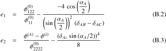 \appendix \setcounter{section}{2} \begin{eqnarray} e_1 &=& \dfrac{\phi_{122}^{(0)}}{\phi_{11}^{(0)}} - \dfrac{-4\, \cos \left( \dfrac{\alpha_A}{2}\right)}{\left( \sin \left( \dfrac{\alpha_A}{2} \right) \right)^2 \, \left( \delta_{AB} - \delta_{AC} \right) } \label{eq:cusp_error1}\\ e_2 &=& \dfrac{\phi^{(A)} - \phi^{(i)}}{\phi_{2222}^{(0)}}- \dfrac{\left(\delta_{Ai} \, \sin \left(\alpha_A/2\right)\right)^4}{8} \label{eq:cusp_error3} \end{eqnarray}
