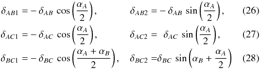 \begin{eqnarray} \delta_{AB1} &=& -\delta_{AB} \, \cos\left(\dfrac{\alpha_A}{2}\right), \delta_{AB2} = -\delta_{AB} \, \sin \left(\dfrac{\alpha_A}{2}\right) , \label{eq:cusp_trigonometry1}\\ \delta_{AC1} &=& -\delta_{AC} \, \cos\left(\dfrac{\alpha_A}{2}\right), \delta_{AC2} = \phantom{-} \delta_{AC} \, \sin \left(\dfrac{\alpha_A}{2}\right) , \\ \delta_{BC1} &=& - \delta_{BC} \, \cos\left(\dfrac{\alpha_A + \alpha_B}{2}\right), \delta_{BC2} = \delta_{BC} \, \sin\left(\alpha_B + \dfrac{\alpha_A}{2}\right) \label{eq:cusp_trigonometry2} \end{eqnarray}