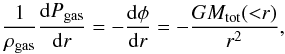 \begin{equation} \label{eq:hee0} \frac{1}{\rho_\text{gas}} \frac{{\rm d}P_\text{gas}}{{\rm d}r} = - \frac{{\rm d}\phi}{{\rm d}r} = -\frac{GM_\text{tot}({<}r)}{r^2} , \end{equation}