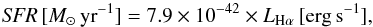 \begin{equation} \label{eq:kennicuttHa} {\it SFR}\,[M_{\odot} \,{\rm yr}^{-1}] = 7.9 \times 10^{-42} \times L_{\rm H\alpha}\,\rm [erg\,s^{-1}], \end{equation}