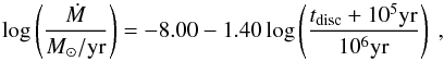 \begin{equation} \label{eq:harttimenew} \log \left( \frac{\dot{M}}{M_\odot /\text{yr}} \right) = -8.00 - 1.40 \log \left( \frac{t_{\rm disc}+10^5\text{yr}}{10^6 \text{yr}} \right) \ , \end{equation}