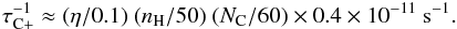 \appendix \setcounter{section}{1} \begin{eqnarray} \tau^{-1}_{\rm C+} \approx (\eta/0.1)~(n_{\rm H}/50)~(N_{\rm C}/60)\times 0.4\times 10^{-11}~{\rm s}^{-1}. \end{eqnarray}