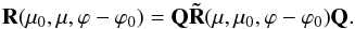 \begin{equation} \label{combination} {\bf R}(\mu_{0}, \mu, \varphi-\varphi_{0})={\bf Q\tilde{R}}(\mu, \mu_{0}, \varphi-\varphi_{0}){\bf Q}. \end{equation}
