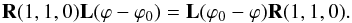 \begin{equation} \label{perpendicular5} {\bf R}(1, 1, 0){\bf L}(\varphi-\varphi_{0})={\bf L}(\varphi_{0}-\varphi){\bf R} (1, 1, 0). \end{equation}