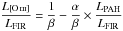 \hbox{$\displaystyle \frac{{L}_{\text{\OIII}}}{\text{\Lfir}} = \frac{1}{\beta} -\frac{\alpha}{\beta}\times \frac{\text{\Lpah}}{\text{\Lfir}} $}
