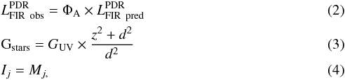 \begin{eqnarray} &&\text{\Lpdr}_{\rm obs} = \Phi_{\rm A} \times \text{\Lpdr}_{\rm pred}\\ &&{\rm G}_{\rm stars} = \text{\go} \times \frac{z^2+d^2}{d^2}\\ &&I_{j} = M_{j,} \end{eqnarray}