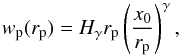 \begin{equation} \label{eq:wp_model} w_{\rm p}(r_{\rm p})=H_\gamma r_{\rm p} \left(\frac{x_0}{r_{\rm p}}\right)^{\gamma} , \end{equation}