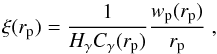 \begin{equation} \label{eq:corr} \xi(r_{\rm p})=\frac{1}{H_\gamma C_{\gamma}(r_{\rm p})} \frac{w_{\rm p}(r_{\rm p})}{r_{\rm p}} \;, \end{equation}
