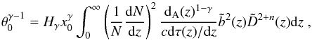\begin{equation} \label{eq:inv22} \theta_0^{\gamma-1} =H_{\gamma}x_0^{\gamma} \int_{0}^{\infty} \left(\frac{1}{N}\frac{{\rm d}N}{{\rm d}z}\right)^2 \frac{ {\rm d}_{\rm A}(z)^{1-\gamma}}{c {\rm d}\tau(z)/{\rm d}z} {\tilde b^2}(z) {\tilde D}^{2+n}(z) {\rm d}z \;, \end{equation}