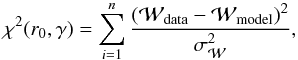 \begin{equation} \chi^2(r_0,\gamma)=\sum_{i=1}^{n}\frac{({\cal W}_{\rm data}-{\cal W}_{\rm model})^2}{\sigma_{\cal W}^2} \label{eq:chi2} , \end{equation}