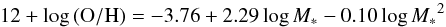 \begin{equation} 12+\log{(\mathrm{O/H})} = -3.76 + 2.29 \log{M_*} - 0.10 \log{M_*}^2 \end{equation}