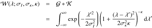 \begin{eqnarray} \mathcal{W}(\lambda;\sigma_{I},\sigma_{\kappa},\kappa)& =& \mathcal{G}*\mathcal{K}\nonumber\\[1mm] & =&\int_{-\infty}^{\infty} \exp{\left(-\frac{\lambda'^{2}}{2\sigma_{I}^{2}}\right)}\left(1+\frac{(\lambda-\lambda'^{})^{2}}{2\sigma_{\kappa}^{2}\kappa}\right)^{-\kappa}{\rm d}\lambda' \label{gen_voigt} \end{eqnarray}
