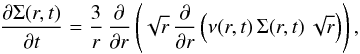 \begin{equation} \frac{\partial \Sigma(r,t)}{\partial t} = \frac{3}{r} \, \frac{\partial}{\partial r}\left(\sqrt{r} \, \frac{\partial}{\partial r} \left( \nu(r,t) \, \Sigma(r,t) \, \sqrt{r}\right) \right) \label{lb74} , \end{equation}