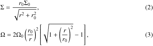 \begin{eqnarray} &&\Sigma = {r_0 \Sigma_0 \over \sqrt{r^2+r_0^2}}, \\ &&\Omega = 2\Omega_0 \left( {r_0\over r}\right)^2 \left[\sqrt{1+\left({r\over r_0}\right)^2 } -1\right], \label{ic} \end{eqnarray}