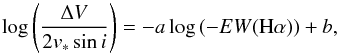\begin{equation} \label{jindex} \log \left(\frac{\Delta V}{2 v_* \sin i}\right)= -a \log\left(-EW({\rm H}\alpha)\right)+b , \end{equation}