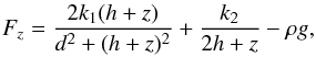 \begin{eqnarray} \label{Fz2} F_z=\frac{2k_1(h+z)}{d^2+(h+z)^2}+\frac{k_2}{2h+z}-\rho g, \end{eqnarray}