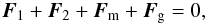 \begin{eqnarray} \label{totforce} \vec{F}_1+\vec{F}_2+\vec{F}_{\rm m}+\vec{F}_{\rm g}=0, \end{eqnarray}