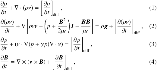 \begin{eqnarray} \label{eq:den} &&\frac{\partial\rho}{\partial t}+\nabla \cdot(\rho{\vec v})= \left[\frac{\partial\rho}{\partial t} \right]_{\rm diff} , \\ \label{eq:mom} &&\frac{\partial (\rho{\vec v})}{\partial t}+\nabla\left [\rho{\vec{vv}}+\left (p+\frac{{\vec B}^2}{2 \mu_0}\right ){\vec I}-\frac{{\vec B}{\vec B}}{\mu_0}\right]=\rho{\vec g} + \left [\frac{\partial (\rho{\vec v})}{\partial t} \right]_{\rm diff} , \quad\quad\\ \label{eq:ei} &&\frac{\partial p}{\partial t}+ (\vec{v} \cdot \nabla) p + \gamma p (\nabla \cdot \vec{v}) = \left [\frac{\partial p}{\partial t} \right]_{\rm diff} , \\ \label{eq:ind} &&\frac{\partial {\vec B}}{\partial t}=\nabla\times ({\vec v} \times {\vec B}) + \left [\frac{\partial {\vec B}}{\partial t}\right]_{\rm diff} , \end{eqnarray}