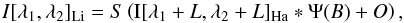 \begin{equation} {I}[\lambda_1,\lambda_2]_{\text{Li}} = S\left(\text{I}[\lambda_1+L,\lambda_2+L]_{\text{Ha}} * \Psi(B) + O\right), \label{eq:transformation} \end{equation}