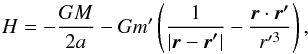 \appendix \setcounter{section}{1} \begin{equation} H=-\frac{GM}{2a}-Gm'\left(\frac{1}{|\vec{r}-\vec{r'}|}-\frac{\vec{r}\cdot \vec{r'}}{r'^3}\right), \end{equation}