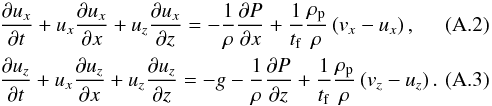 \appendix \setcounter{section}{1} \begin{eqnarray} && \frac{\partial u_x}{\partial t} + u_x \frac{\partial u_x}{\partial x} + u_z \frac{\partial u_x}{\partial z} = - \frac{1}{\rho} \frac{\partial P}{\partial x} + \frac{1}{t_{\rm f}} \frac{\rho_{\rm p}}{\rho} \left( v_x-u_x \right),\\ && \frac{\partial u_z}{\partial t} + u_x \frac{\partial u_z}{\partial x} + u_z \frac{\partial u_z}{\partial z} = -g -\frac{1}{\rho} \frac{\partial P}{\partial z} + \frac{1}{t_{\rm f}} \frac{\rho_{\rm p}}{\rho} \left( v_z-u_z \right). \label{eq:mom_g_2D} \end{eqnarray}