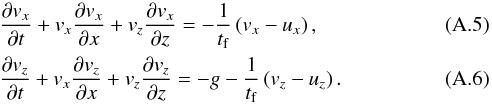 \appendix \setcounter{section}{1} \begin{eqnarray} &&\frac{\partial v_x}{\partial t} + v_x \frac{\partial v_x}{\partial x} + v_z \frac{\partial v_x}{\partial z} = - \frac{1}{t_{\rm f}} \left( v_x-u_x \right), \\ & &\frac{\partial v_z}{\partial t} + v_x \frac{\partial v_z}{\partial x} + v_z \frac{\partial v_z}{\partial z} = -g - \frac{1}{t_{\rm f}} \left( v_z-u_z \right). \label{eq:mom_p_2D} \end{eqnarray}
