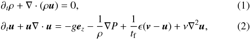 \begin{eqnarray} &&\partial_t \rho +\nabla \cdot (\rho \vc u) =0, \label{eq:SI_gas_cont}\\ && \partial_t \vc u + \vc u \nabla \cdot \vc u = -g \vc e_z -\frac{1}{\rho} \nabla P +\frac{1}{t_{\rm f}} \epsilon (\vc v- \vc u) + \nu \nabla^2 \vc u, \label{eq:SI_gas_mom} \end{eqnarray}