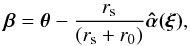 \begin{eqnarray} \boldsymbol{\beta} = \boldsymbol{\theta} - \frac{{r}_{\rm s}}{({r}_{\rm s}+r_0)}\boldsymbol{{\hat{\alpha}}(\xi)}, \end{eqnarray}