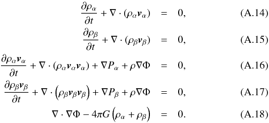 \appendix \setcounter{section}{1} \begin{eqnarray} {\partial \rho_{\alpha} \over \partial t} + \nabla\cdot(\rho_{\alpha} \vec{v}_{\alpha}) &=& 0 , \\ {\partial \rho_{\beta} \over \partial t} + \nabla\cdot(\rho_{\beta} \vec{v}_{\beta}) &=& 0 , \\ {\partial \rho_{\alpha}\vec{v}_{\alpha} \over \partial t} + \nabla\cdot\left(\rho_{\alpha} \vec{v}_{\alpha}\vec{v}_{\alpha}\right) + \nabla P_{\alpha} + \rho\nabla\Phi &=& 0 , \\ {\partial \rho_{\beta}\vec{v}_{\beta} \over \partial t} + \nabla\cdot\left(\rho_{\beta} \vec{v}_{\beta}\vec{v}_{\beta}\right) + \nabla P_{\beta} + \rho\nabla\Phi &=& 0 , \\ \nabla \cdot \nabla\Phi -4\pi G\left(\rho_{\alpha} + \rho_{\beta}\right)&=& 0 . \end{eqnarray}