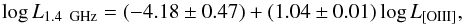 \begin{equation} \log{L_{1.4 \,\rm~GHz}} = (-4.18\pm0.47) + (1.04 \pm 0.01)\log{L_{\rm [O III]}} , \label{eqo3} \end{equation}